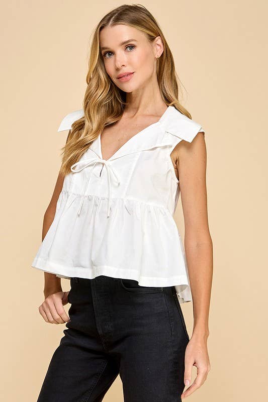 Pre-Order TCEC Sleeveless Collared Wide Peplum Hem Top