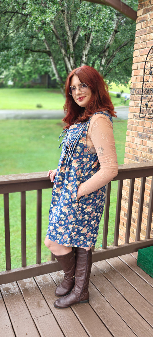 Blue Retro Floral Print Bow Tie V Neck Sleeveless Pleated Loose Denim Romper