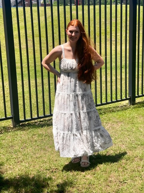TCEC Pink Toile Print Eyelet Lace Insert Midi Dress