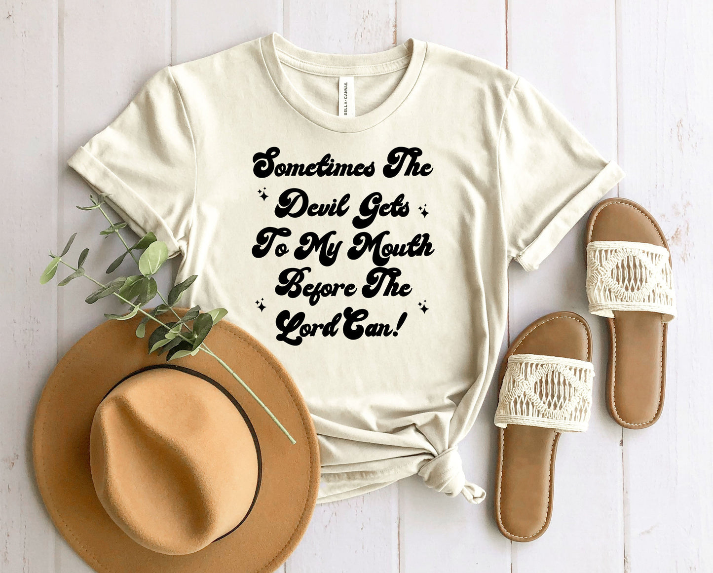 Wholesale Devil Gets to My Mouth Graphic Tee - Heathered Clay