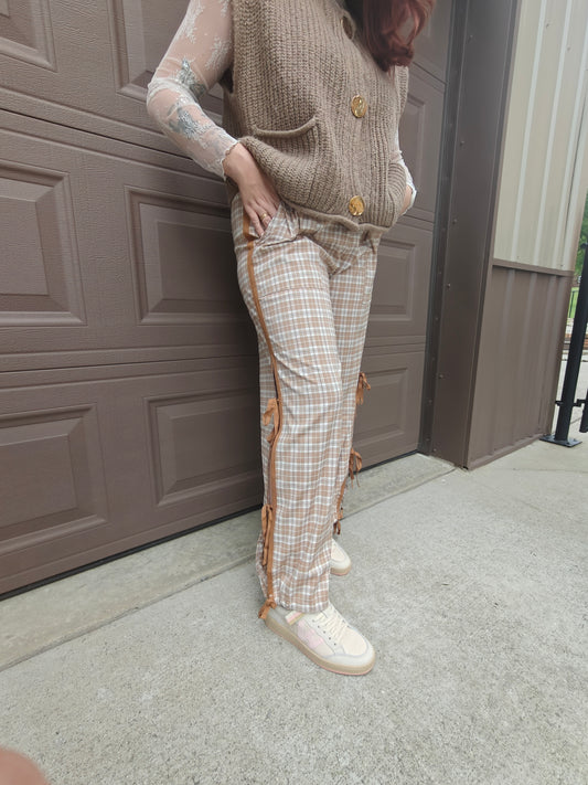 Plaid Print Tie Detail Casual Pants