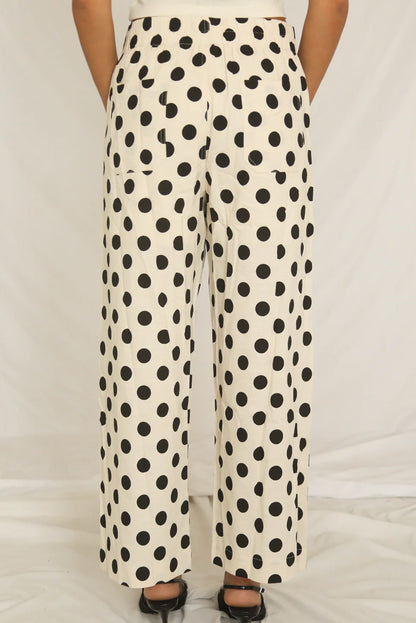 White Polka Dot Print Patched Pocket Mid-rise Straight Leg Pants