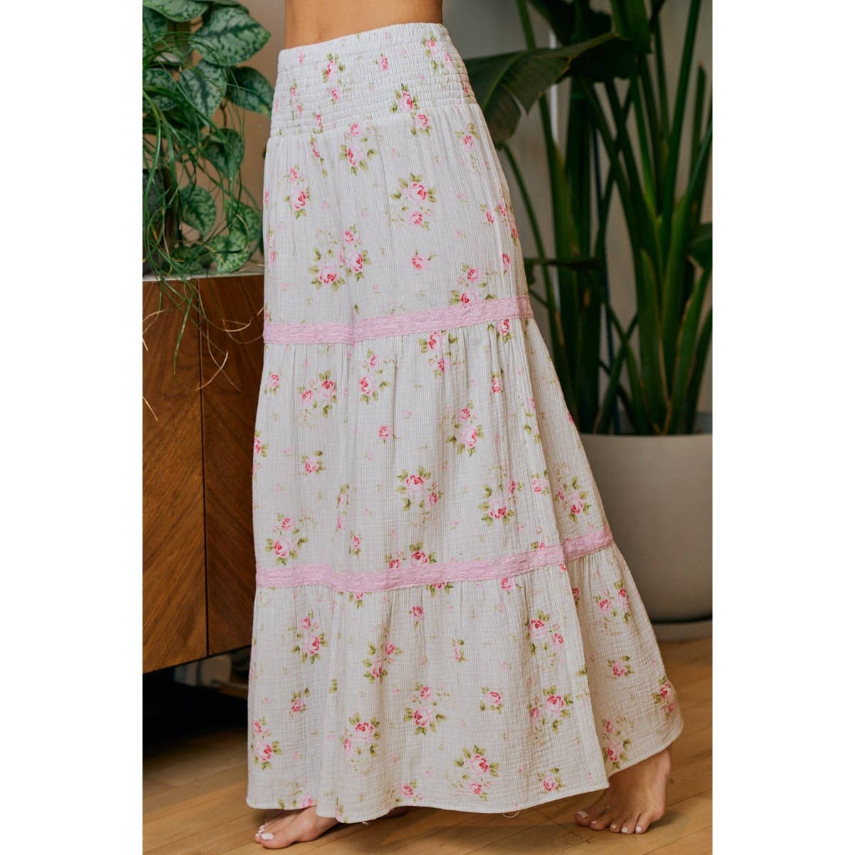 BIBI ROSE PRINTED GAUZE TRIM DETAIL SMOCKED MAXI PANTS
