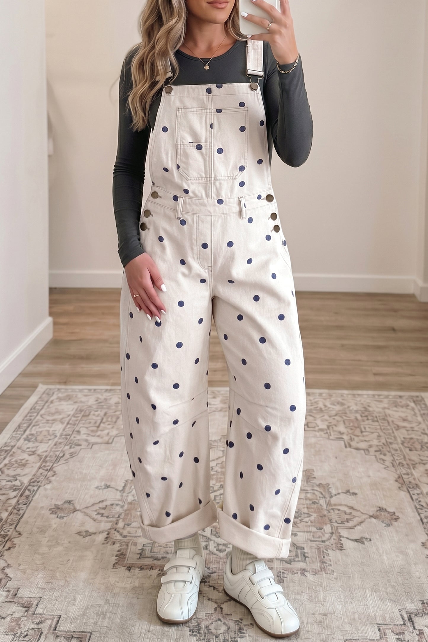 Phalaenopsis Polka Dot Print Bib Pocket Denim Barrel Overalls Jumpsuit