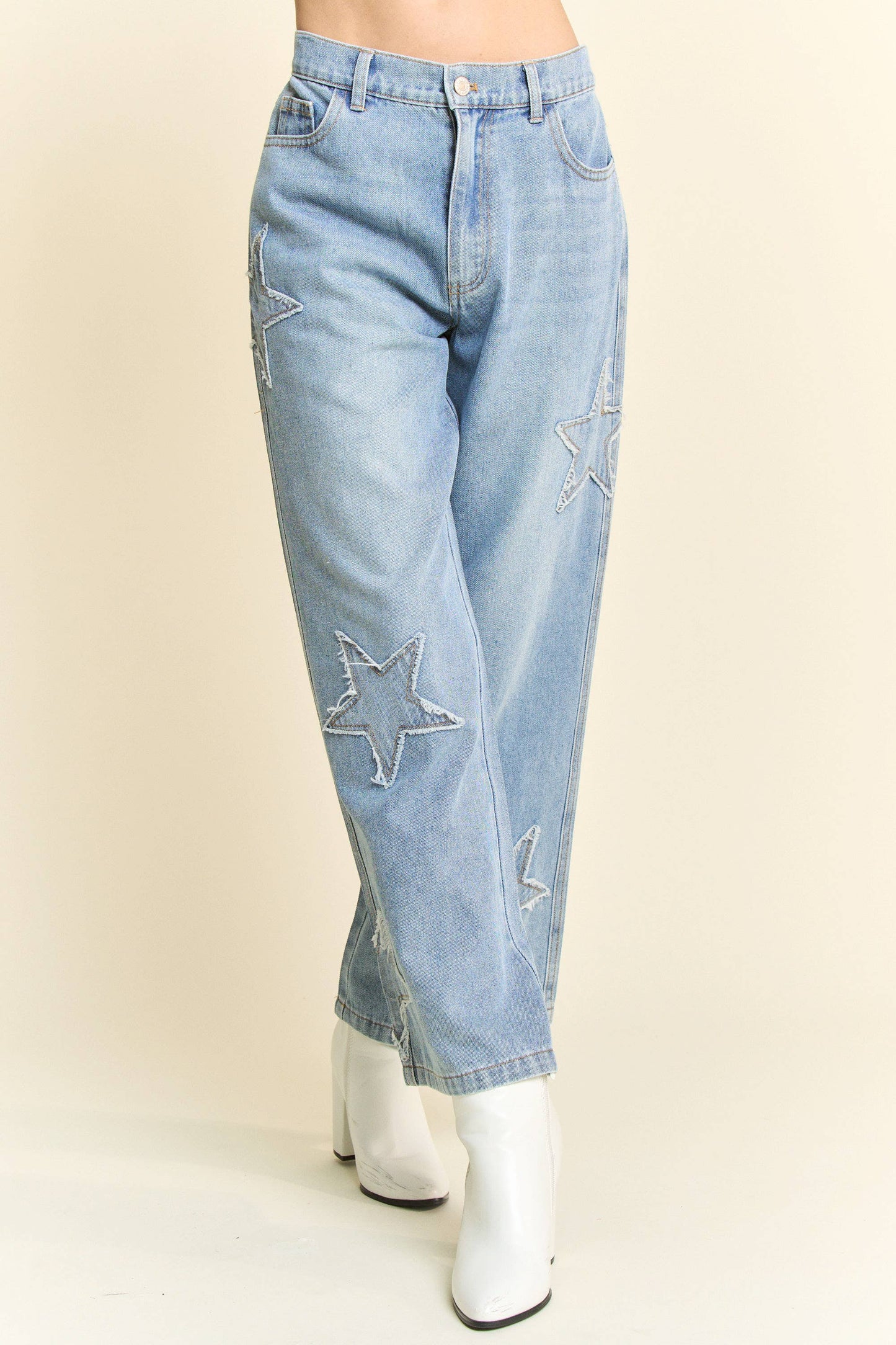 STAR PATCHWORK SIDE POCKET WIDE LEG DENIM PANTS