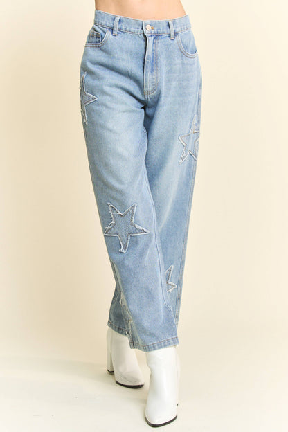 STAR PATCHWORK SIDE POCKET WIDE LEG DENIM PANTS