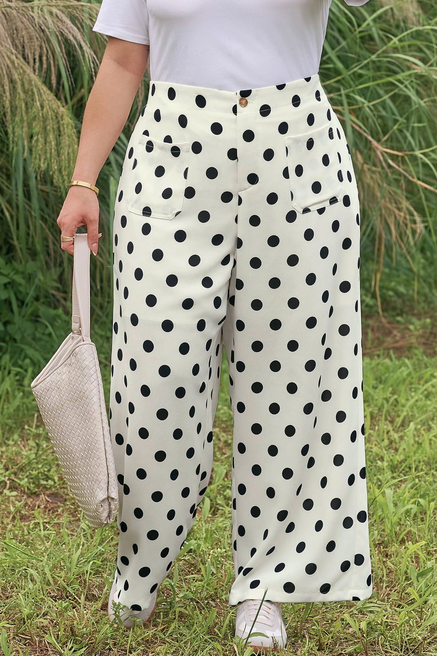 White Plus Size Polka Dot Print Patch Pocket Womens Shift Pants