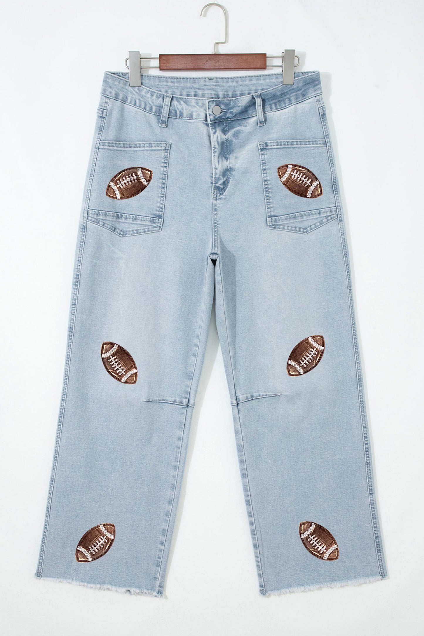 Beau Blue Sequin Detail Patched Rugby Pattern Raw Hem Shift Jeans