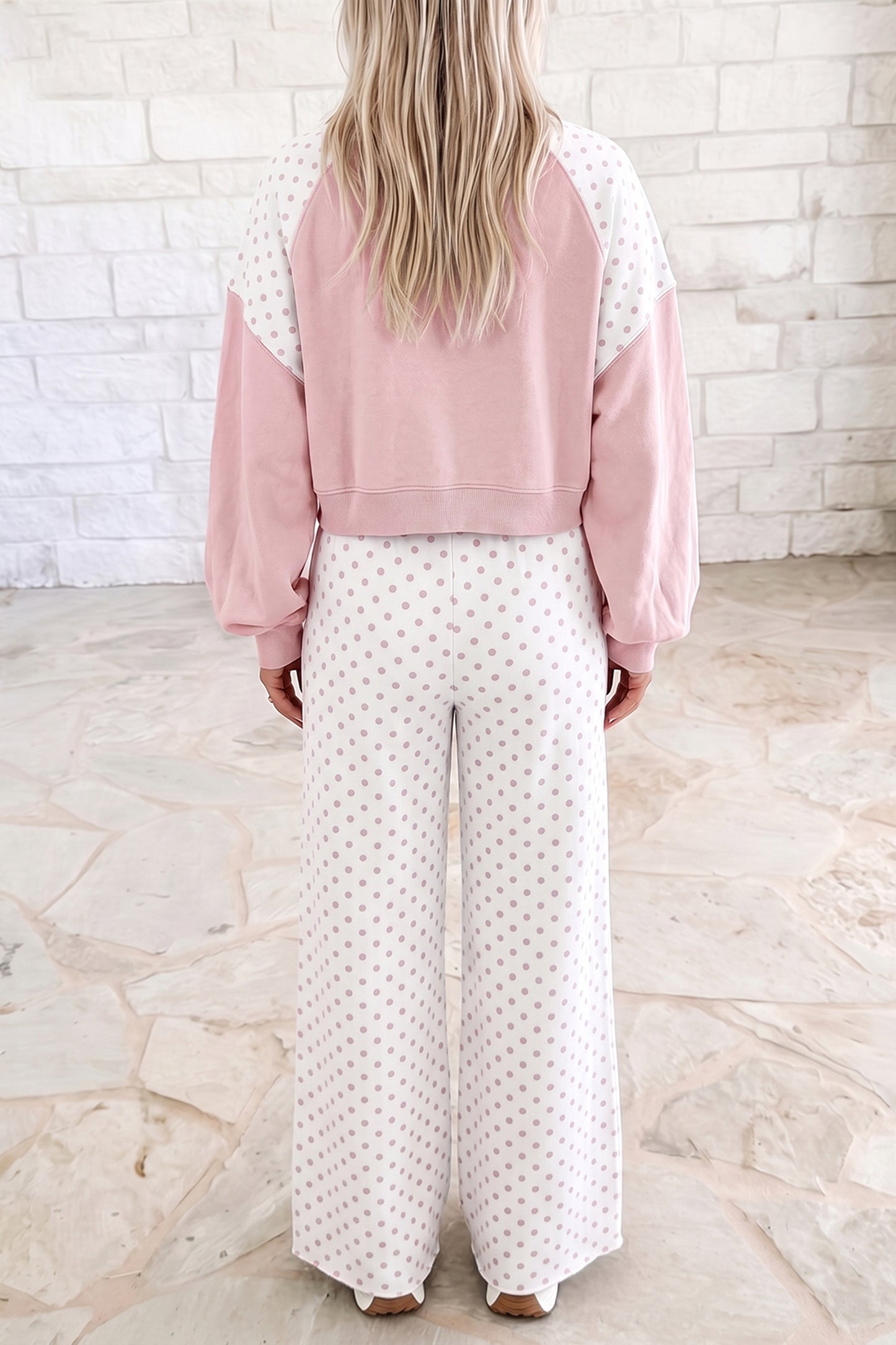Khaki Polka Dot Patchwork Colorblock Long Sleeve Casual Two Piece Pants Set