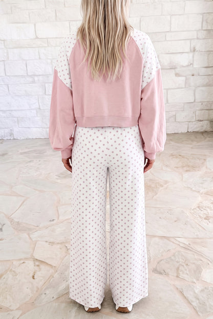 Khaki Polka Dot Patchwork Colorblock Long Sleeve Casual Two Piece Pants Set