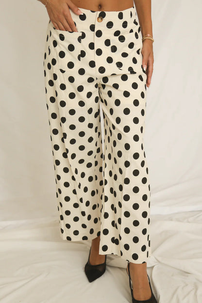 White Polka Dot Print Patched Pocket Mid-rise Straight Leg Pants