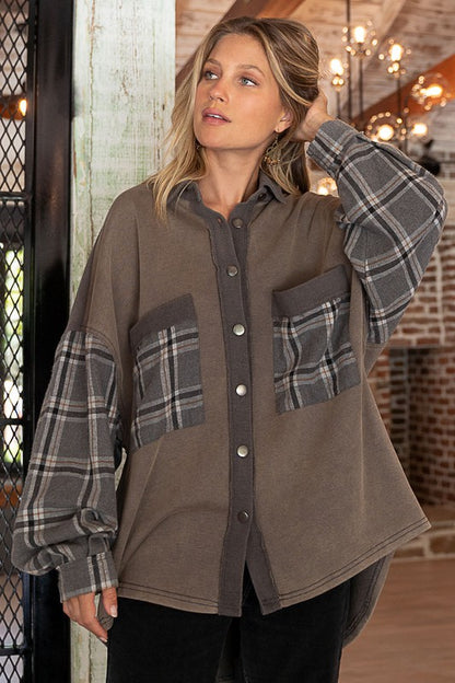 Long Sleeve With Plaid Detail Sleeve Shacket