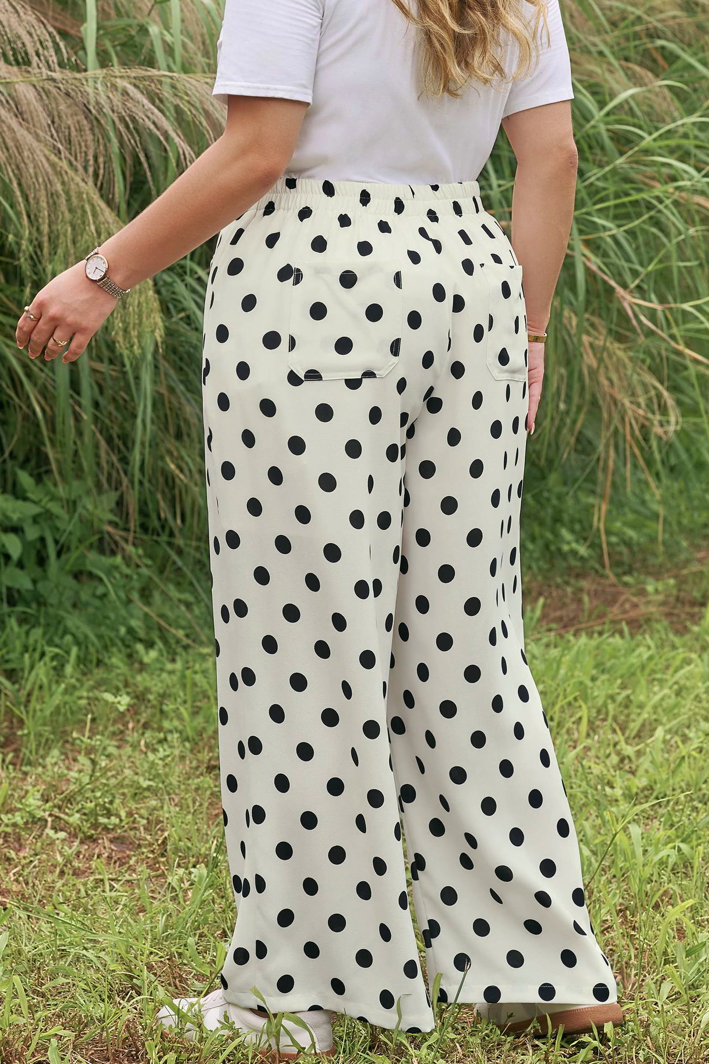 White Plus Size Polka Dot Print Patch Pocket Womens Shift Pants