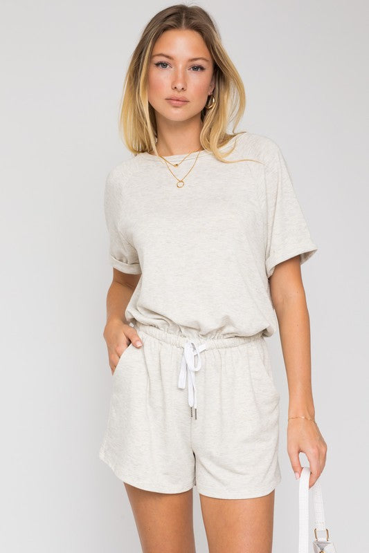 Short Sleeve Side Pocket Drawstring Romper