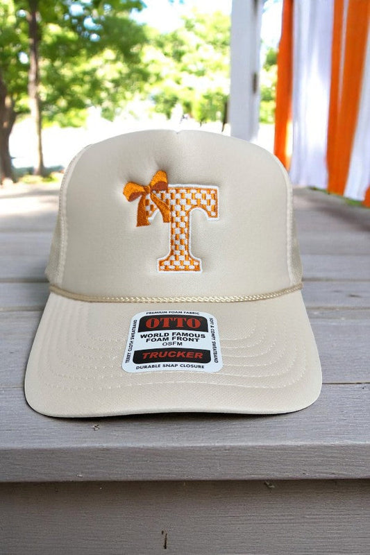 Vols T with Bow Tan Embroidered Hat