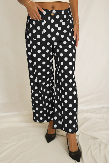 White Polka Dot Print Patched Pocket Mid-rise Straight Leg Pants