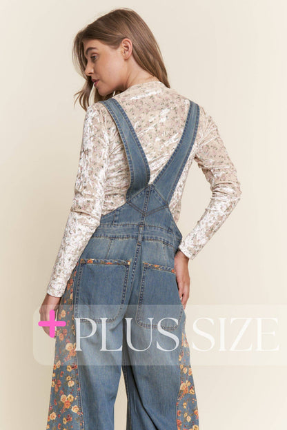 Denim Floral Contrast Wide Leg Overalls