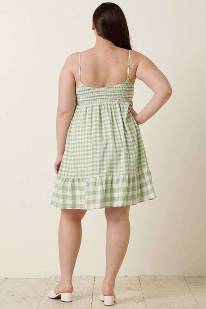 PLUS GINGHAM DECO SMOCK MINI DRESS