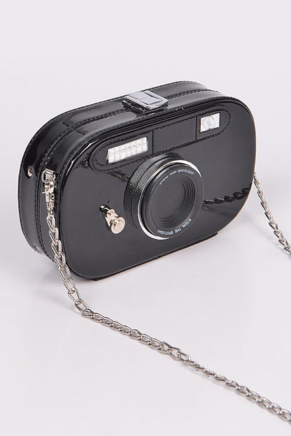 Metallic Oval Camera Iconic Swing Clutch Bag