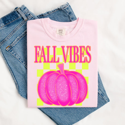 Fall Vibes Neon Pink Pumpkin Tee.