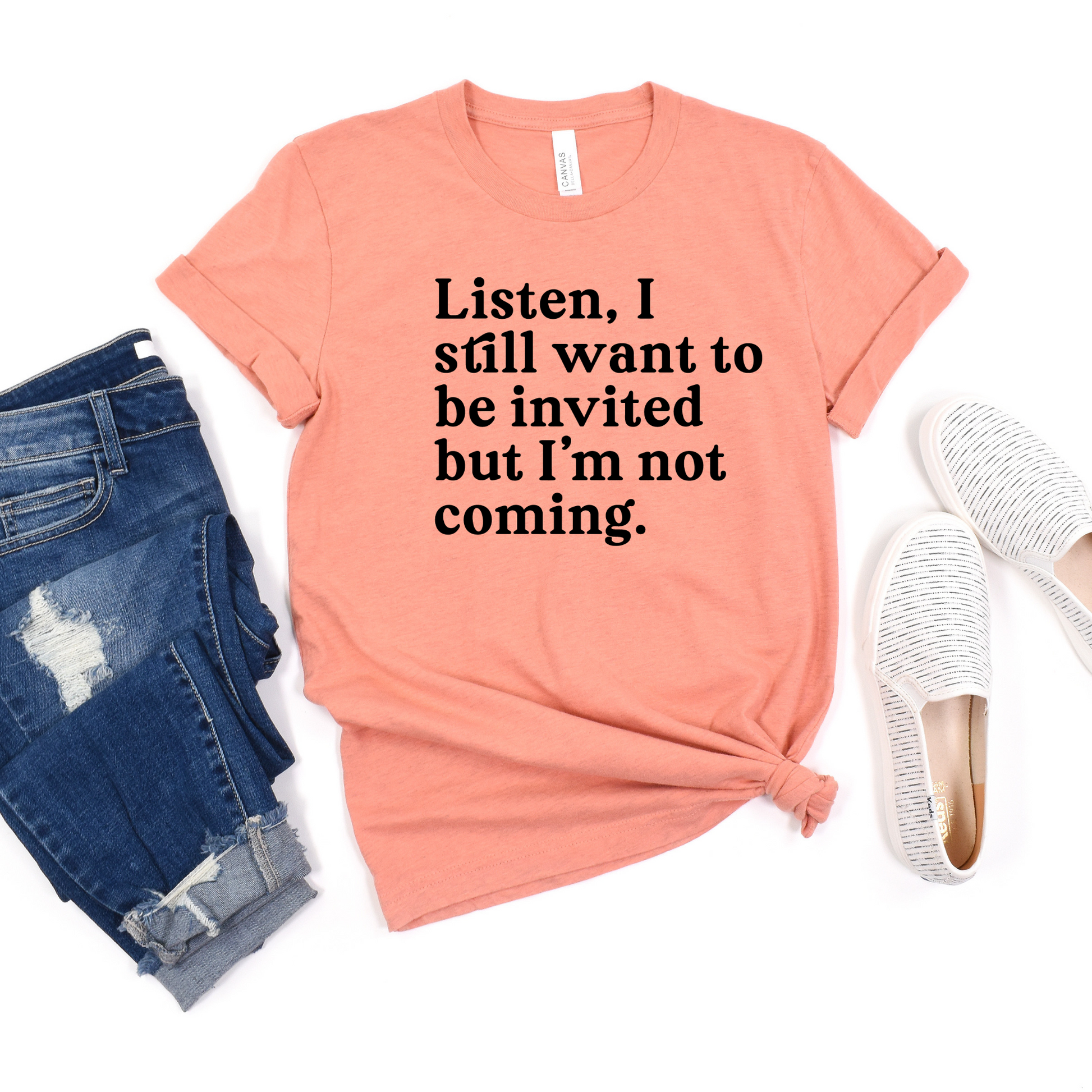 Wholesale Listen I still want to be invited Graphic Tee - Heather Prism Sunset Tee