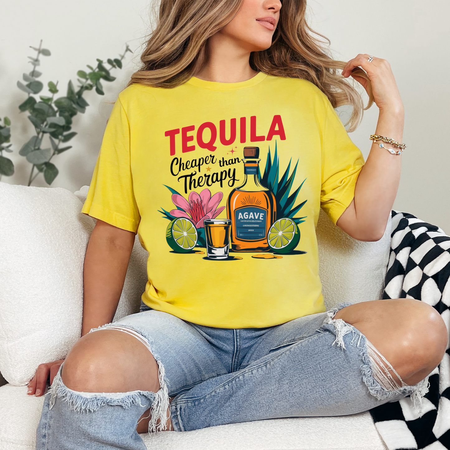 Wholesale Tequila cheaper than therapy Graphic Tee - Heather Yellow Gold Tee