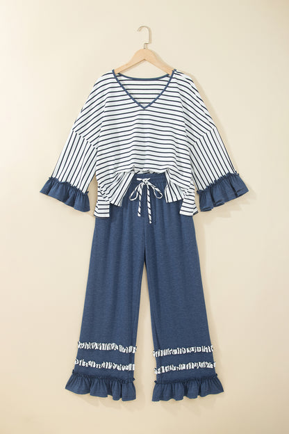 Gray Stripe V Neck Ruffle Contrast Sleeve Top Drawstring Pants 2pcs Set