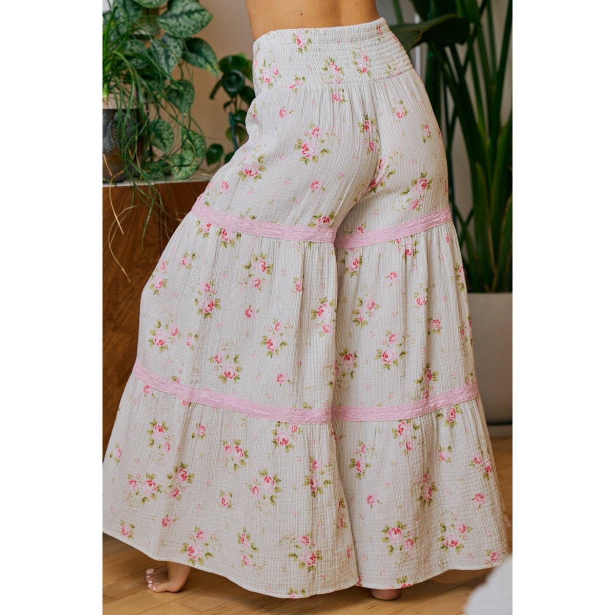 BIBI ROSE PRINTED GAUZE TRIM DETAIL SMOCKED MAXI PANTS