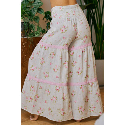 BIBI ROSE PRINTED GAUZE TRIM DETAIL SMOCKED MAXI PANTS