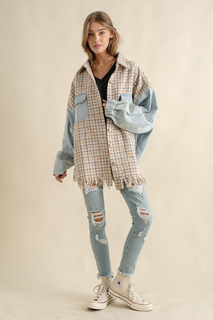 TWEED MIXED DENIM JACKET SHACKET WITH FRINGED HEM