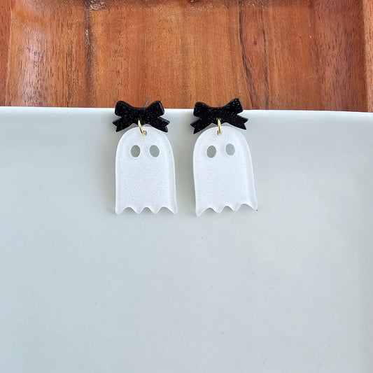 Bow Ghost Earrings - White Glitter