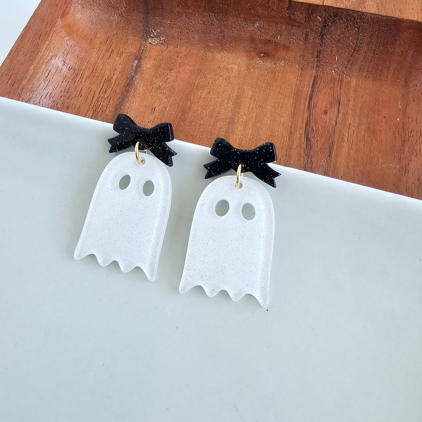 Bow Ghost Earrings - White Glitter