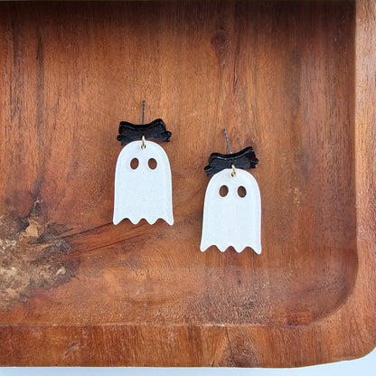 Bow Ghost Earrings - White Glitter