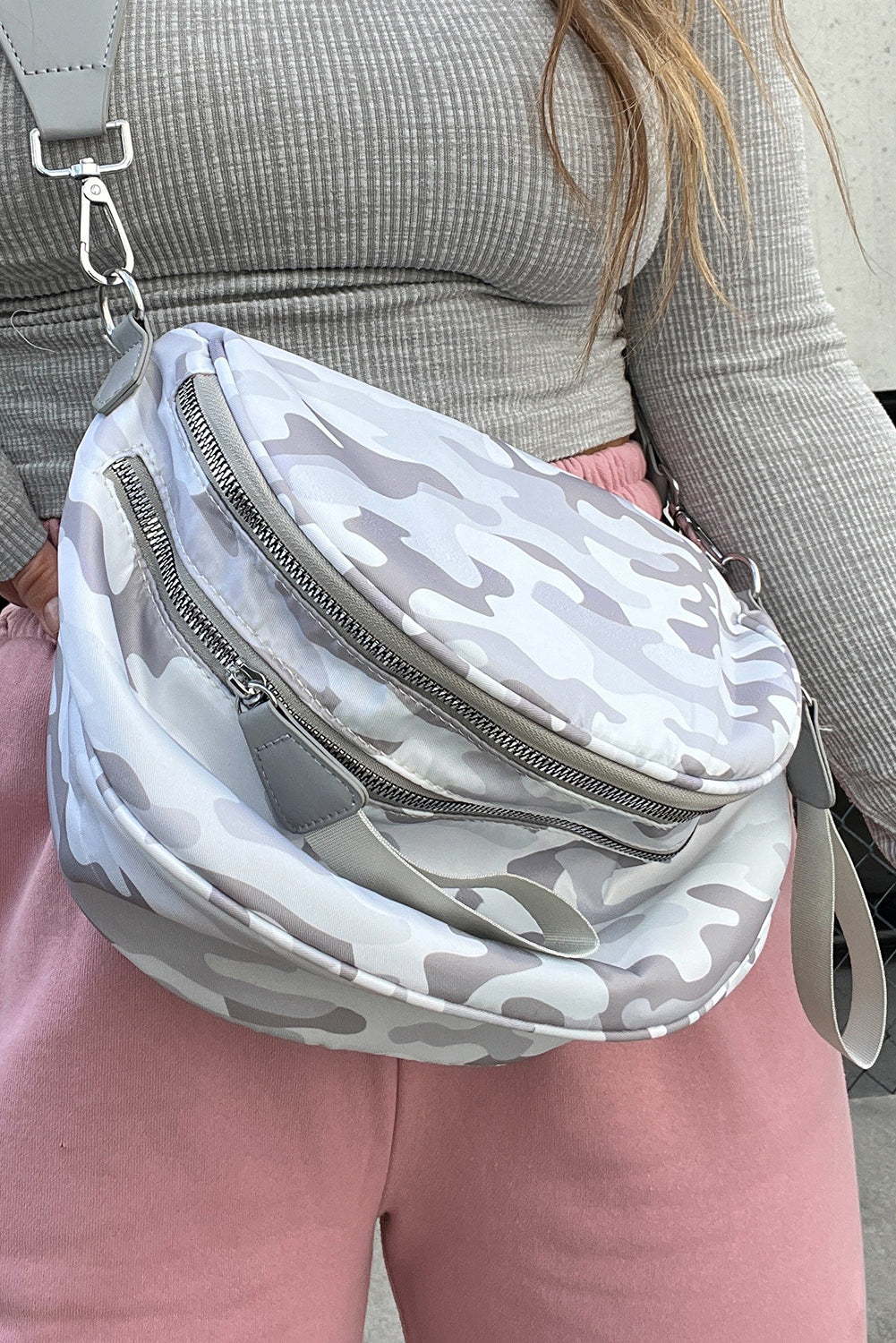 Medium Grey Abstract/ Camouflage/ Polka Dot/ Leopard Print Double Zip Fashion Crossbody Bag