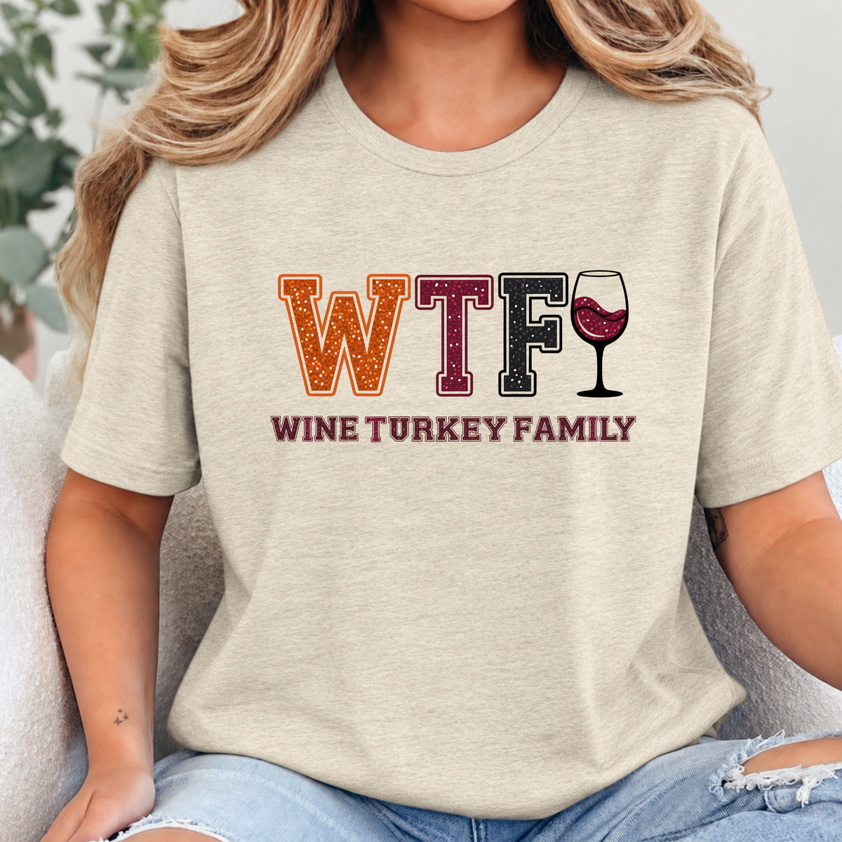 Wholesale Wine Turkey Family Graphic Tee- Heather Soft Cream