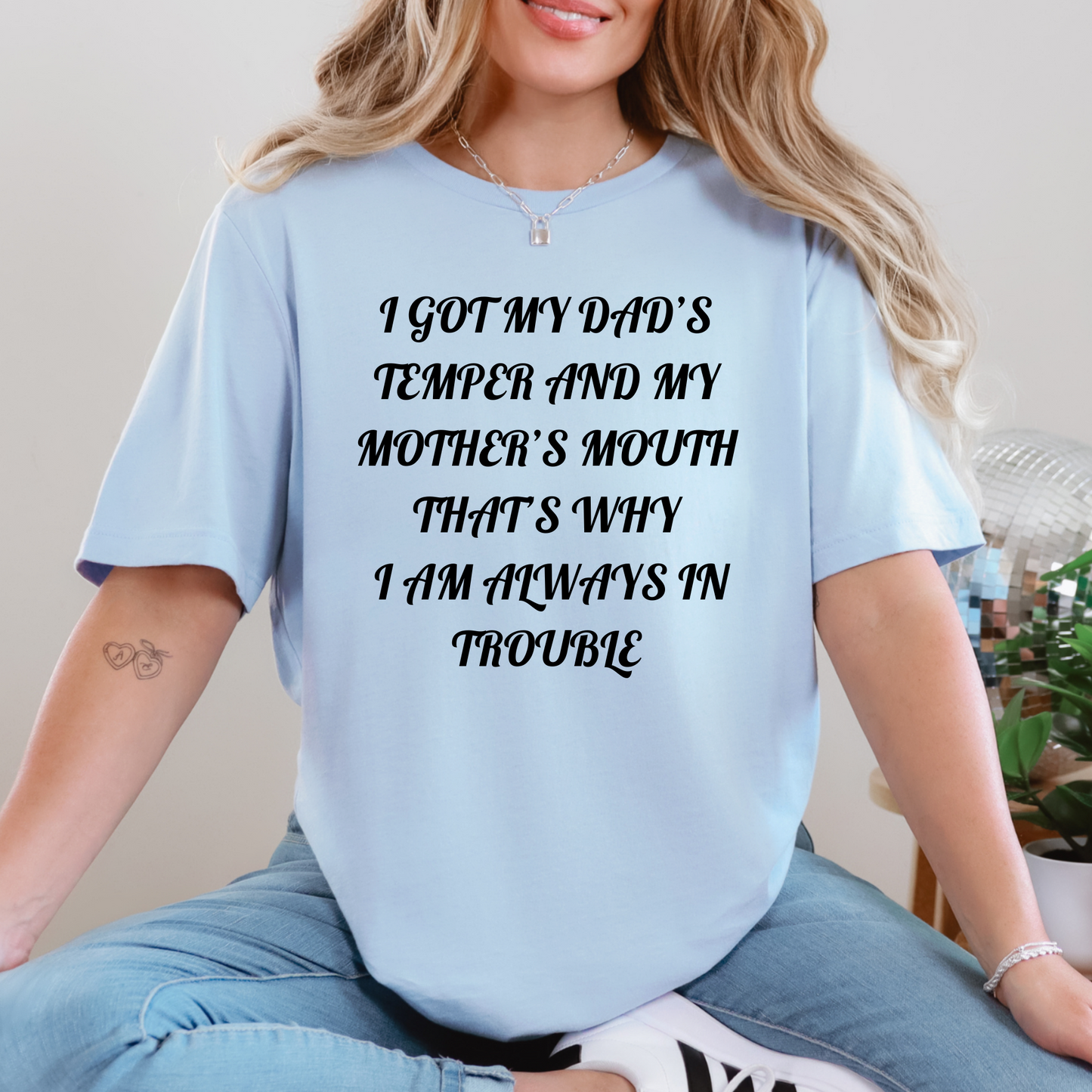 Wholesale Dad's Temper and Mother's Mouth Graphic Tee - Baby Blue Tee