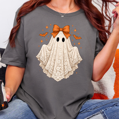 Wholesale Coquette Halloween Lace Ghost Graphic Tee - Asphalt