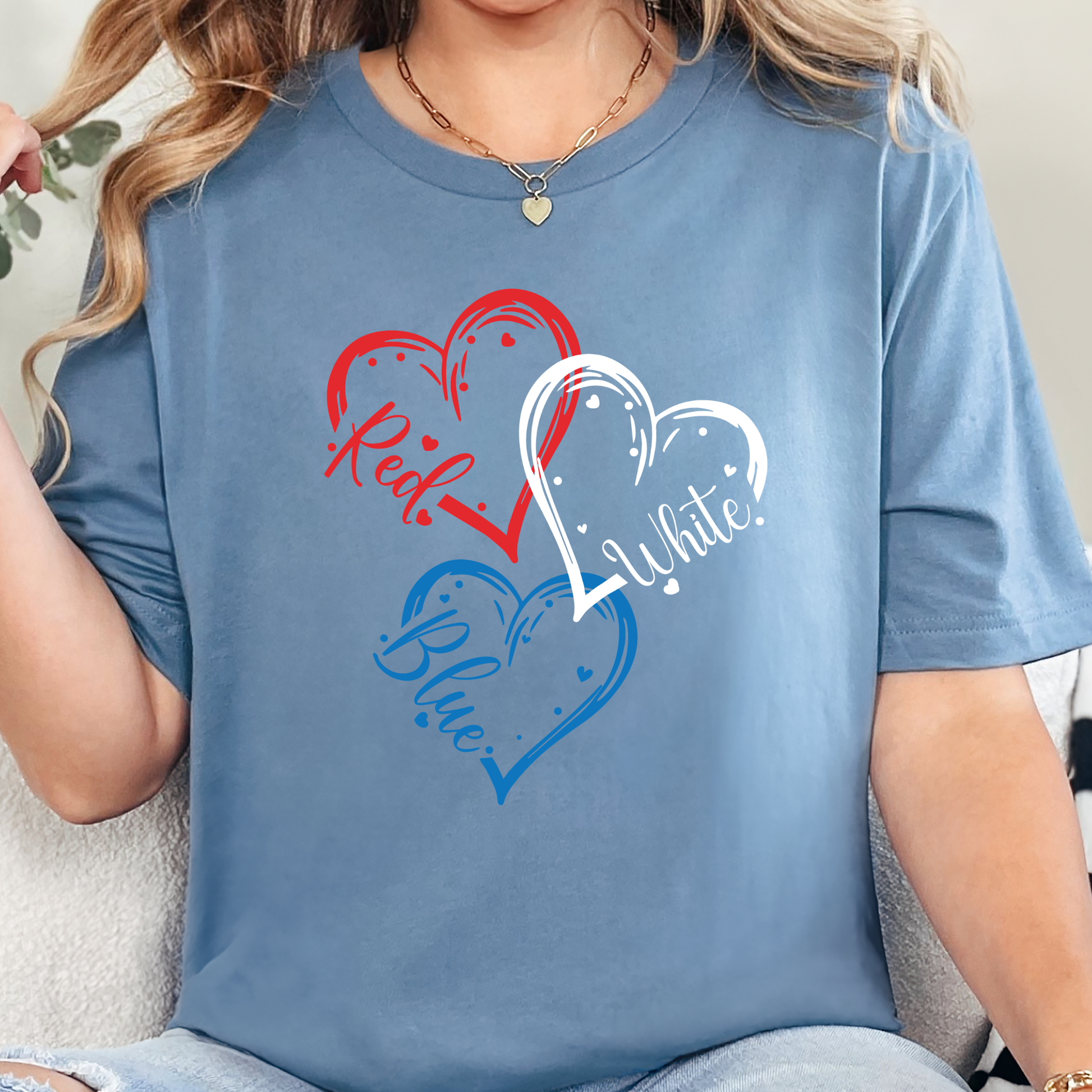 Wholesale Red White Blue Hearts Graphic Tee - Steel Blue Tee