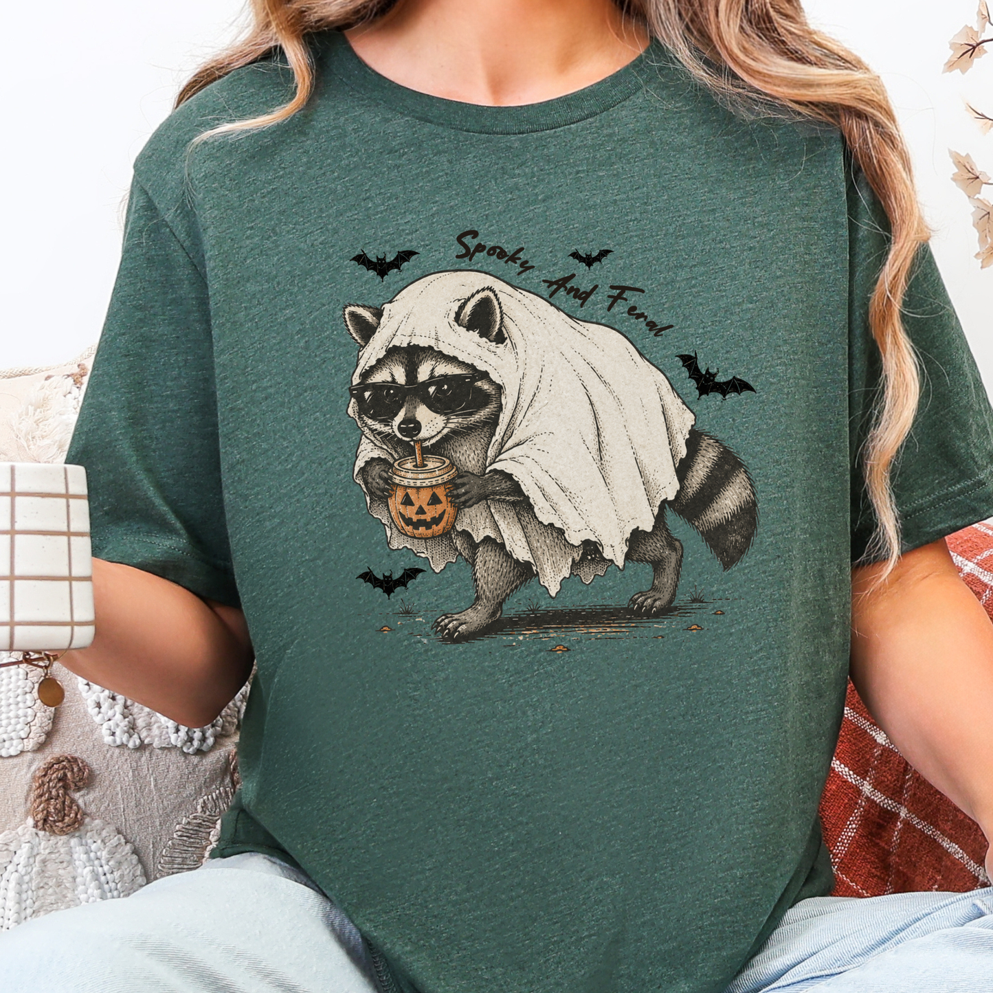 Wholesale Spooky Raccoon Ghost Graphic Tee - Heather Forest