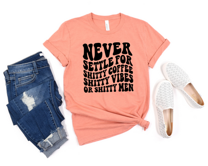 Wholesale Retro Never Settle Graphic Tee - Heather Prism Sunset Tee