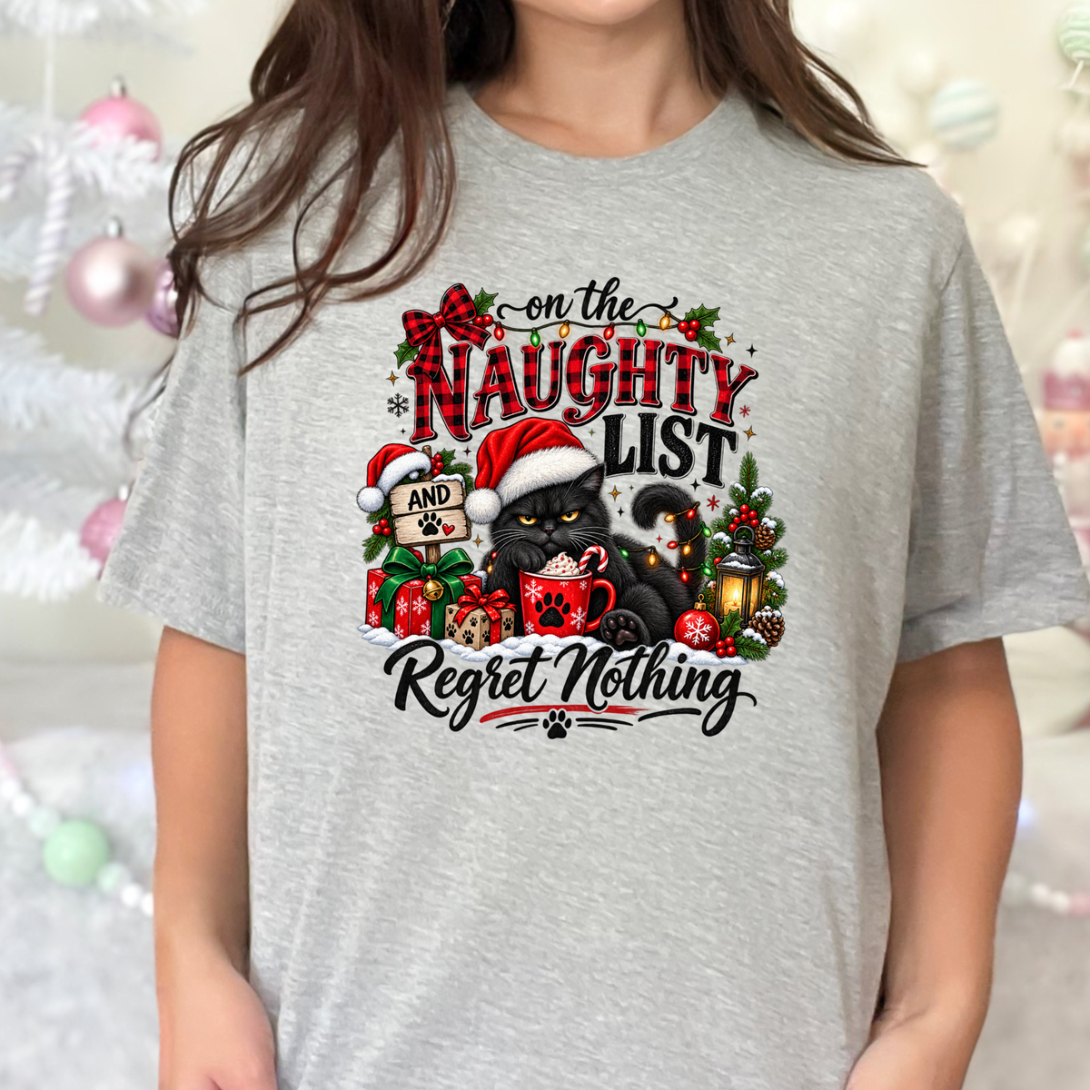 Wholesale On The Naughty List Cat Graphic Tee - Grey