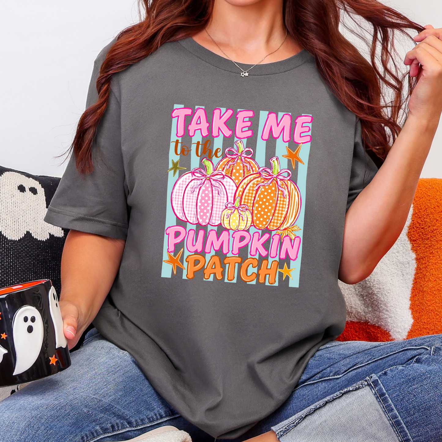 Wholesale Pumpkin Patch Stripes Graphic Tee - Asphalt