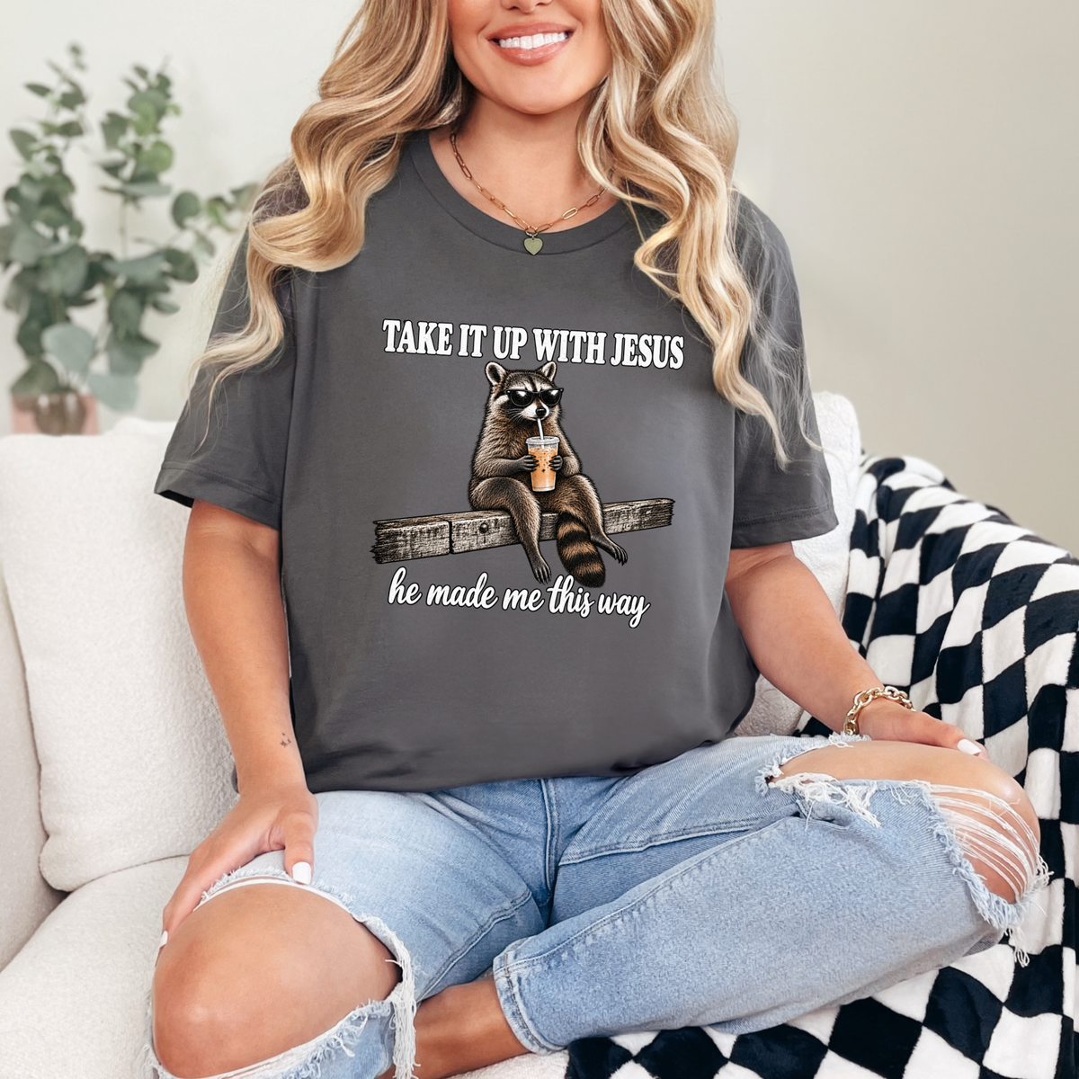 Wholesale Take It up With Jesus Raccoon Graphic Tee - Asphalt