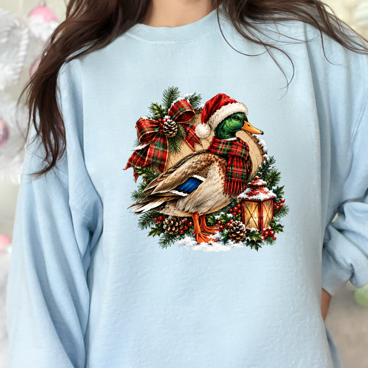 Wholesale Christmas Mallard Duck Graphic Sweatshirt - Light Blue