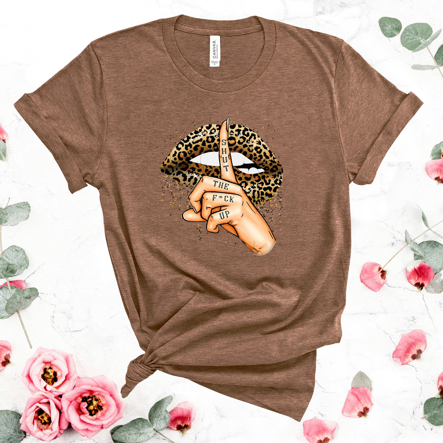 Wholesale Leopard Lips Shut Up Graphic Tee - Black Tee