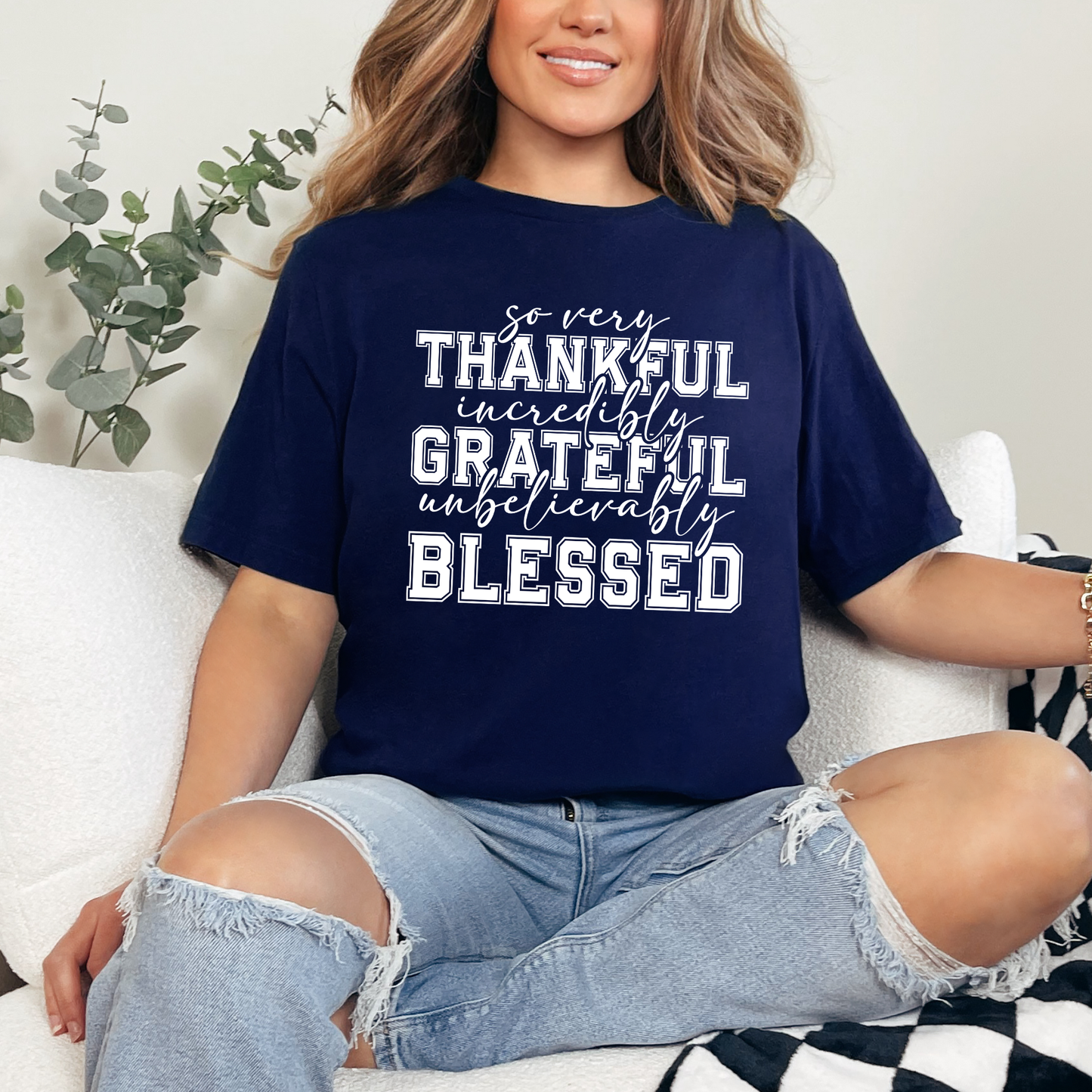 Wholesale Thankful, Grateful, Blessed Graphic Tee - Navy Tee