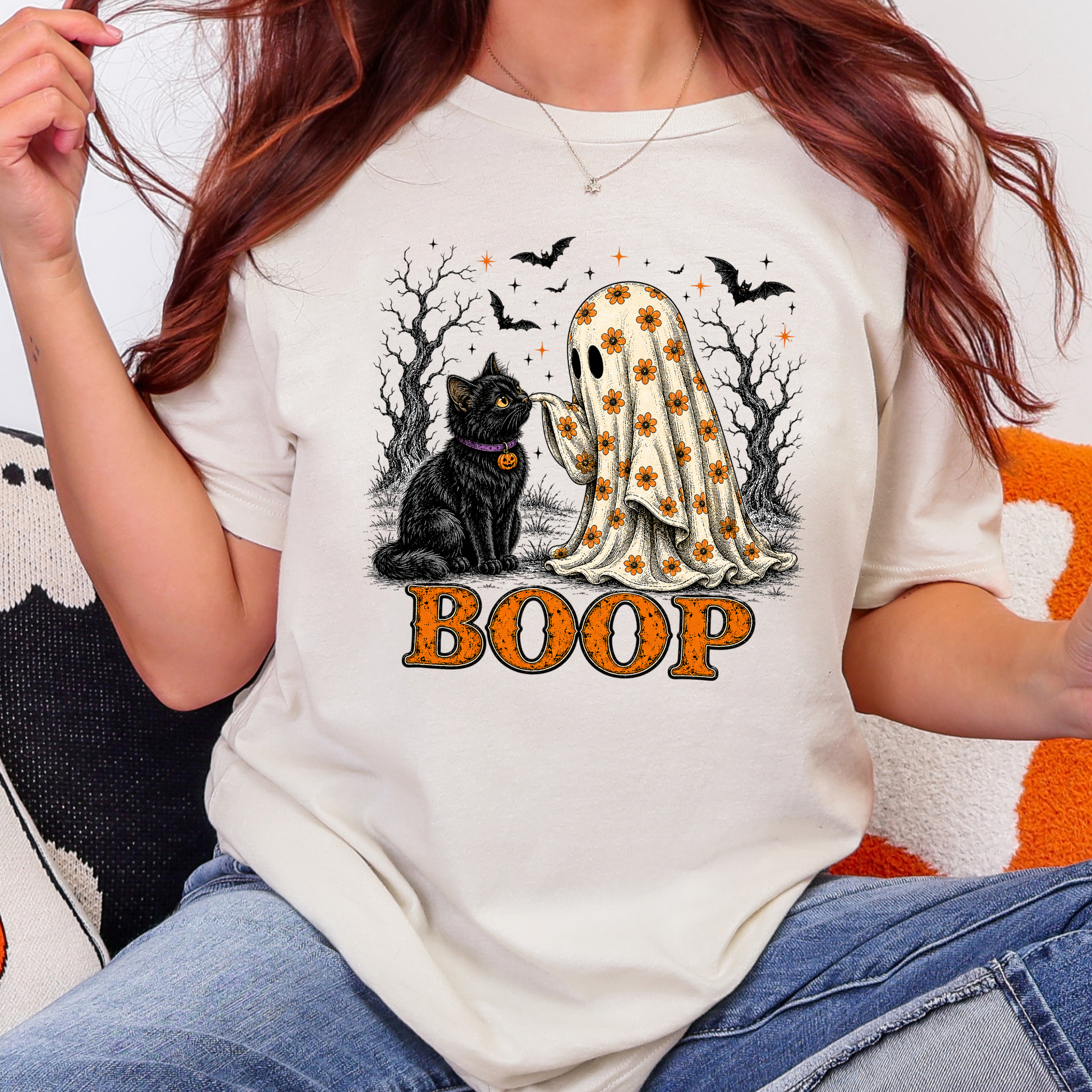 Wholesale Halloween Boop Ghost Cat Graphic Tee - Natural