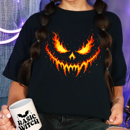 Wholesale Flaming Pumpkin Face Graphic Tee - Black