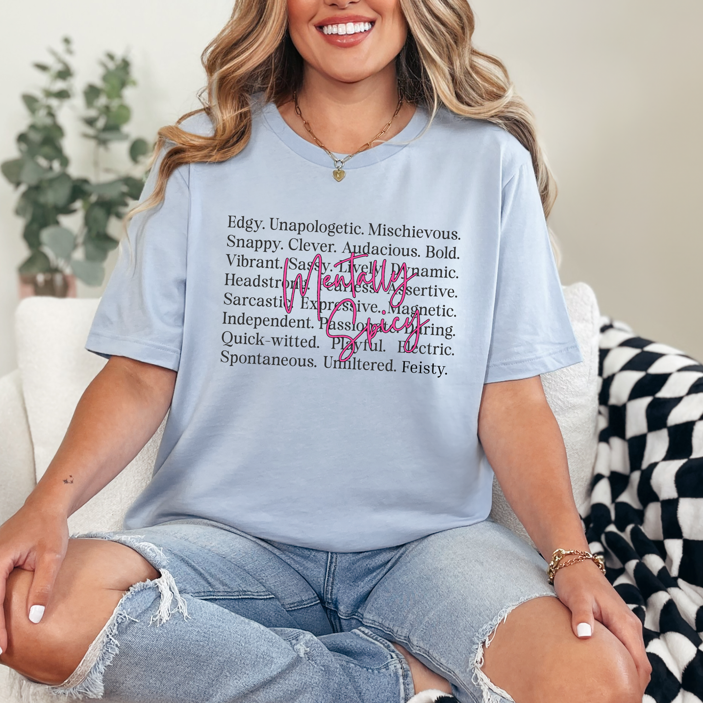 Wholesale Mentally Spicy Words Graphic Tee - Baby Blue Tee