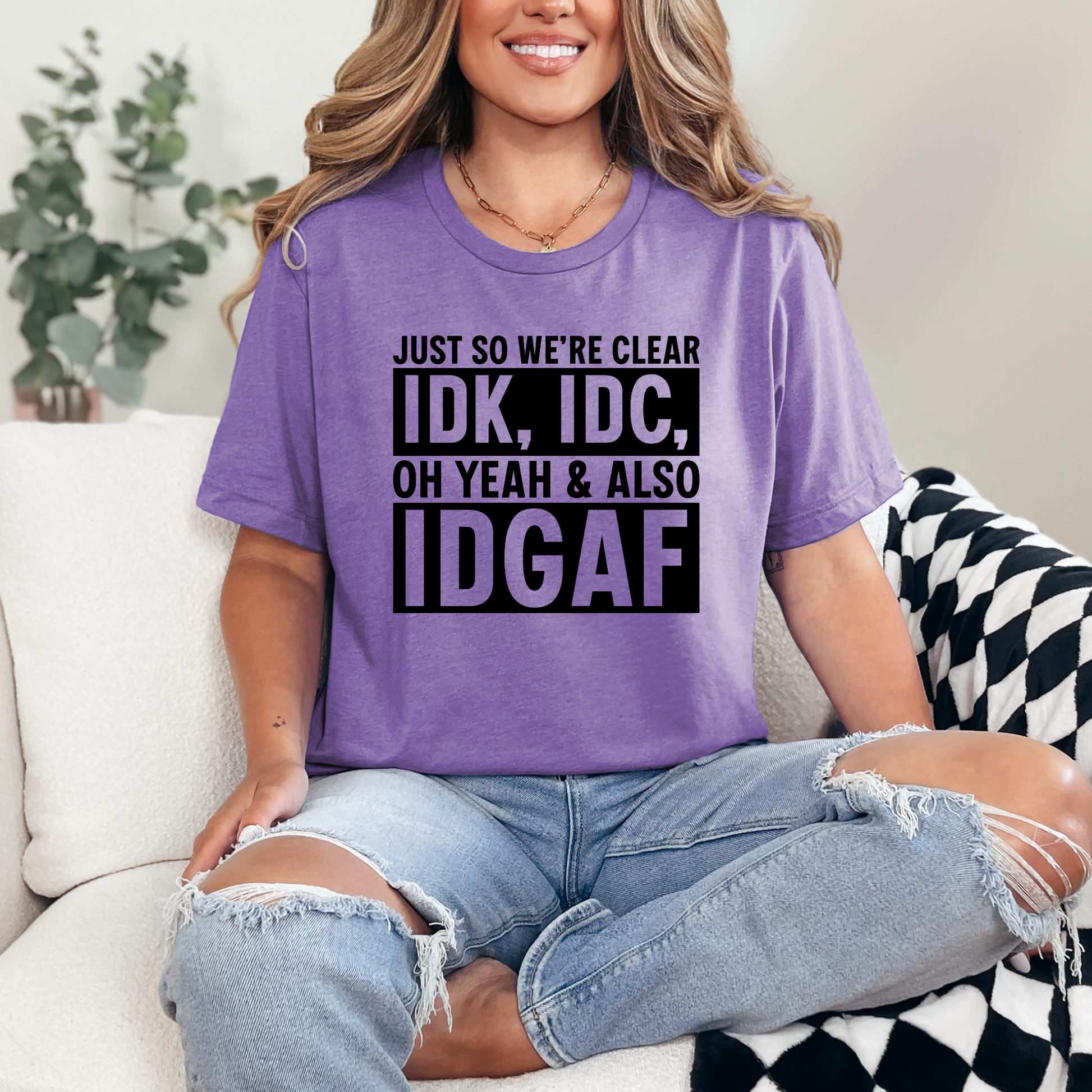 Wholesale IDK, IDC & IDGAF Graphic Tee - Heather Team Purple Tee